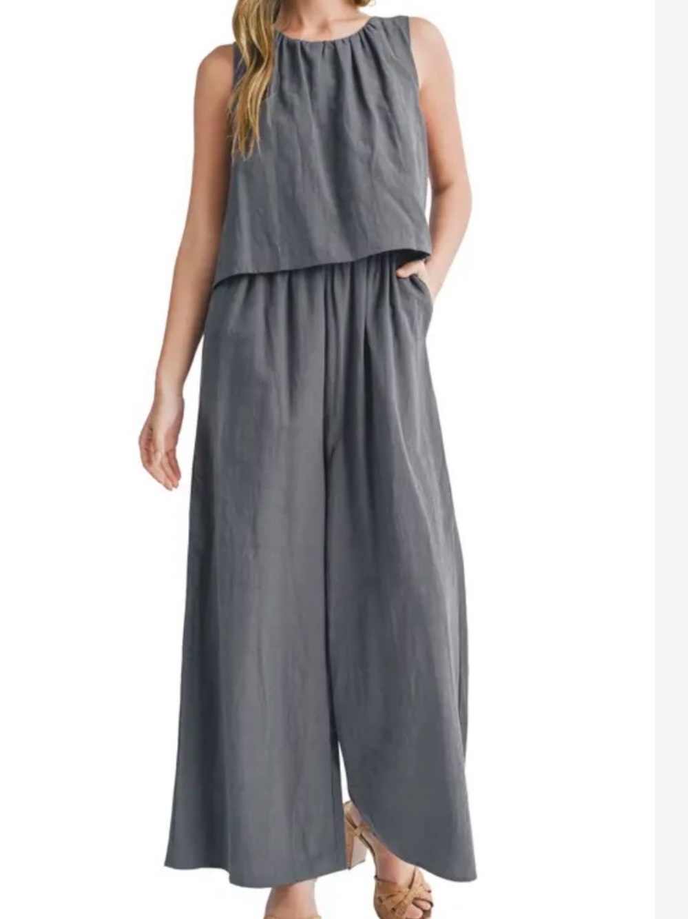 Mila Mae Popover Tank Wide Leg Jumpsuit, Charcoal, 100% cotton, Small